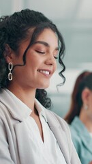Poster - Happy businesswoman, technology and distraction in meeting with online notification for deal at company. Smile, phone and employee texting with mobile app for review or message at financial agency
