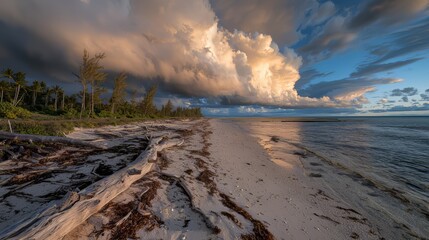 Poster - Beach with a cloudy sky and a large cloud in the background. The sky is orange and the beach is covered in seaweed