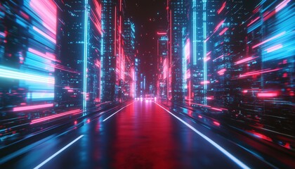 Aufkleber - Blurred Freeway Traffic In A Large Neon City: Futuristic Light Trails In Blue And Red, Creating High Speed Motion Effects At Night.