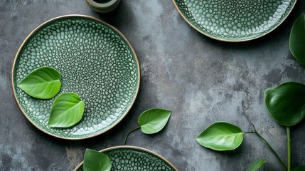 Poster - Green speckled plates with fresh leaves on dark grey textured surface.
