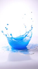 Poster - Vibrant Splash of Blue Liquid with Droplets Creating Beautiful Ripples and Patterns in a Bowl on an Elegant White Background