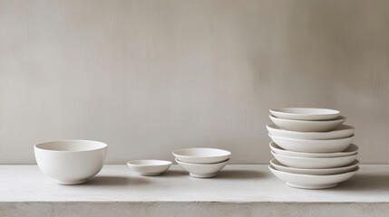 Poster - Minimalist still life of various sized white ceramic bowls and plates on a light surface against a neutral background.