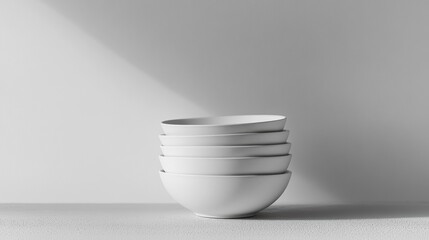 Poster - Stack of four white bowls on a white surface with sunlight.