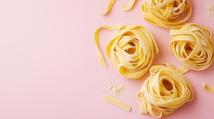Poster - Top view of three nests of dried tagliatelle pasta on a pink background with some loose strands and parmesan cheese.