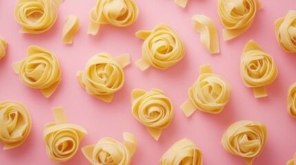 Poster - Flat lay of dried pasta nests arranged on a pink background.
