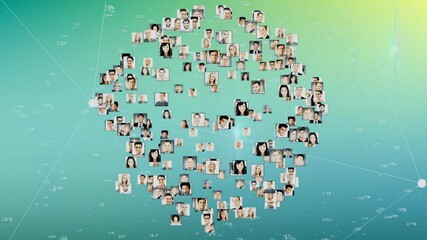 Poster - Business portraits floating in tech network graph, connecting lines illustrating data relationships