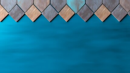 Leinwandbilder - Blue background with a pattern of brown and blue squares and triangles. The squares are arranged in a way that creates a sense of depth and texture, while the triangles add a sense of movement
