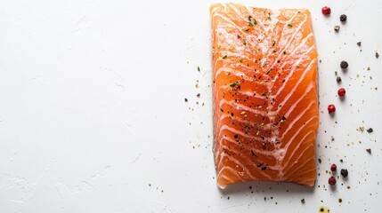 Aufkleber - Fresh salmon fillet with herbs and peppercorns on white background.