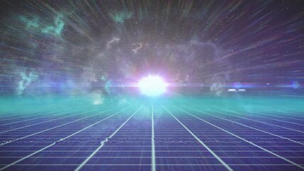 Poster - Retro-futuristic landscape unfolding in 3D render, showcasing neon grid floor and glowing orb