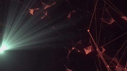 Poster - Central light source emitting greenish beams, red triangular mesh nodes floating in dark void