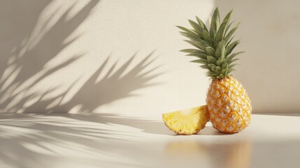 Poster - Ripe pineapple with a slice, cast shadow, on white surface.