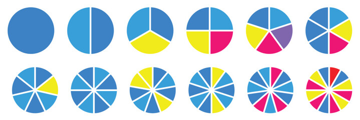 Wall Mural - Circle division infographic icon set. Pie chart divided. Color pizza or donut round diagram. Infographic wheel segment and fraction. Vector illustration isolated on white background