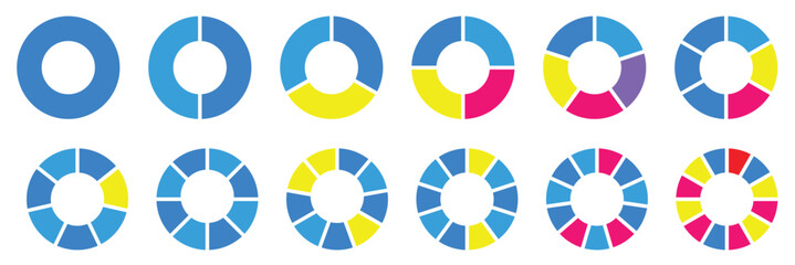 Wall Mural - Circle division infographic icon set. Pie chart divided. Color pizza or donut round diagram. Infographic wheel segment and fraction. Vector illustration isolated on white background