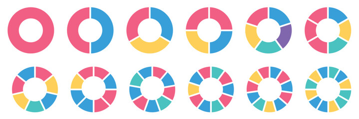 Wall Mural - Circle division infographic icon set. Pie chart divided. Color pizza or donut round diagram. Infographic wheel segment and fraction. Vector illustration isolated on white background