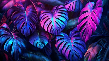 Poster - Colorful image of leaves with a blue and purple hue. The leaves are arranged in a way that creates a sense of depth and movement. Scene is vibrant and lively, with the colors