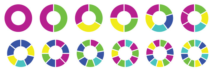Wall Mural - Circle division infographic icon set. Pie chart divided. Color pizza or donut round diagram. Infographic wheel segment and fraction. Vector illustration isolated on white background