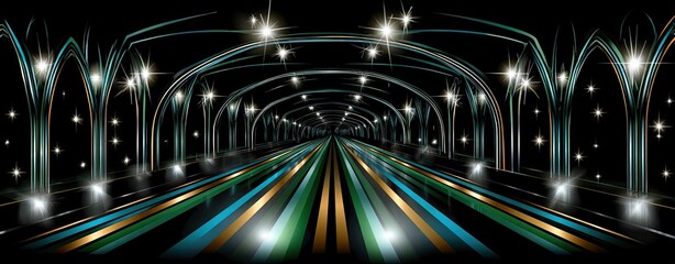 Poster - Dynamic Abstract Tunnel with Glowing Lines and Sparkling Lights Creating a Futuristic and Vibrant Atmosphere for Creative Backgrounds and Designs