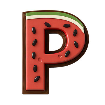 Vibrant Watermelon Themed Letter P 3D Render with Seeds and Wooden