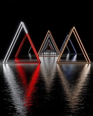 Poster - Abstract geometric shapes illuminated in bright colors creating a stunning reflective scene in a dark atmosphere with water and tranquility