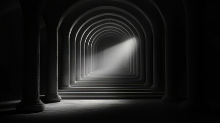 Leinwandbilder - Dark, narrow tunnel with a light shining through it. The light casts shadows on the walls and floor, creating an eerie atmosphere