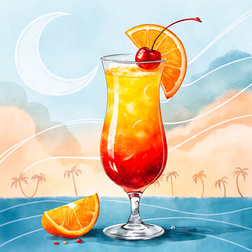 Surreal Watercolor Tequila Sunrise Cocktail Vibrant Orange-Red Gradient in Retro Cinematic Style