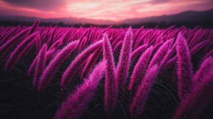Aufkleber - Field of purple flowers with a pink sky in the background. The flowers are tall and the sky is a beautiful pink color