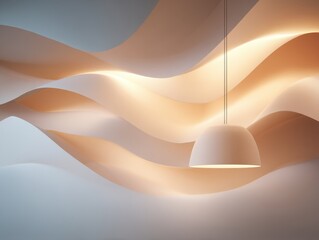 Poster - Abstract design with soft waves and pendant light casting warm glow in peaceful interior setting showcasing modern aesthetic and tranquil ambiance