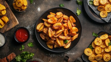 Poster - Fried plantains on dark plates with dips, overhead shot.