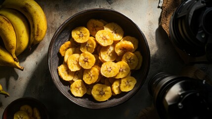 Poster - Dried banana slices in a bowl, with whole bananas and dark background.