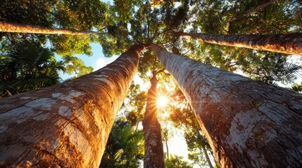 Aufkleber - Forest with three tall trees in the foreground. The sun is shining brightly on the trees, creating a warm and inviting atmosphere. The trees are surrounded by a lush green forest