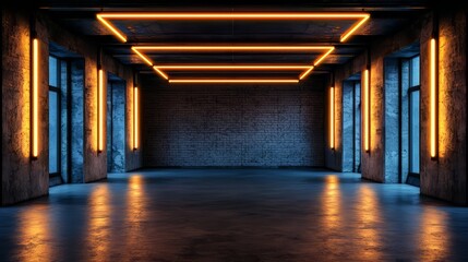 Leinwandbilder - Large, empty room with neon lights on the ceiling. The room is dark and empty, with only the lights illuminating the space. Scene is eerie and mysterious, as the empty room