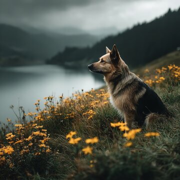 Shiba Inu gazes over misty lake at dawn surrounded by autumn foliage