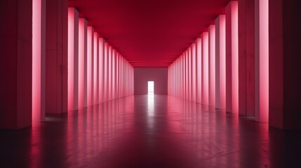 Leinwandbilder - Long hallway with pink walls and pink pillars. The hallway is empty and the only light source is a window