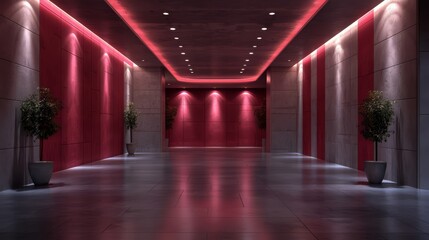 Leinwandbilder - Long hallway with red walls and white potted plants. The hallway is lit with red lights, creating a warm and inviting atmosphere