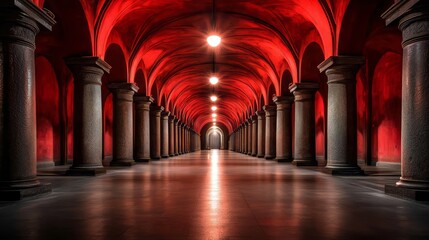 Fototapete - Long red hallway with red pillars and a red wall. The light is on and the hallway is empty