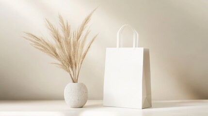 Poster - White paper shopping bag mockup next to dried flowers in a vase on a white table.