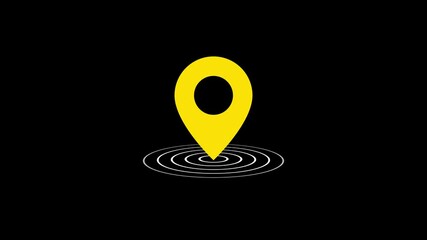 Poster - Yellow location pin marker showing direction. Animated yellow pinpoint marker on black background indicating location and direction with simple graphic style for navigation concept