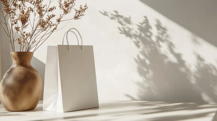 Poster - White shopping bag mockup next to dried flowers in a vase on a white table with sunlight shadows on a white wall.
