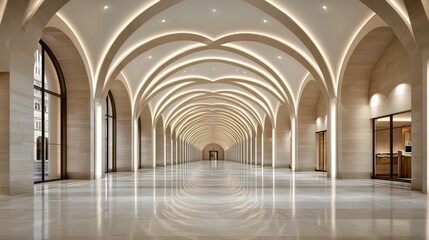 Fototapete - Long, empty hallway with a lot of light shining down on it. The space is very open and airy, with a sense of grandeur and elegance