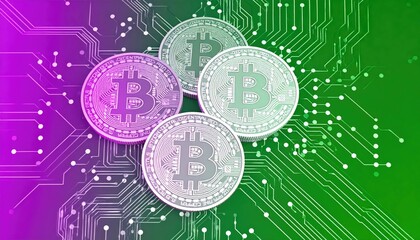 Poster - Generic coins on a digital circuit board. Four coins with a symbol are displayed against a gradient background of purple and green representing technology and finance.