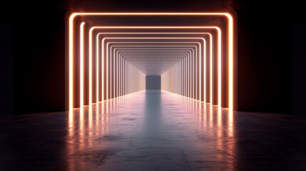 Leinwandbilder - Long, narrow hallway with neon lights on the walls. The hallway is empty and the lights are on, creating a futuristic and mysterious atmosphere