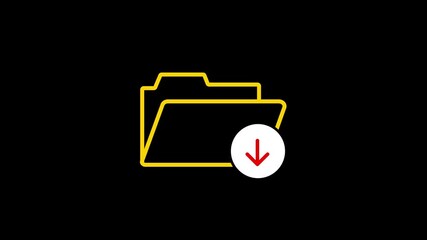 Poster - Folder download animation with yellow border and red arrow. Digital folder download icon animation featuring a yellow outline with a red down arrow on a black background