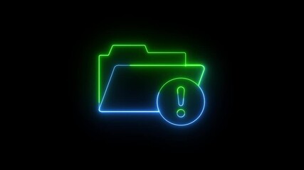 Fototapete - Folder icon with exclamation point for critical alert. Glowing neon folder icon with exclamation point symbolizing a critical alert against a black background