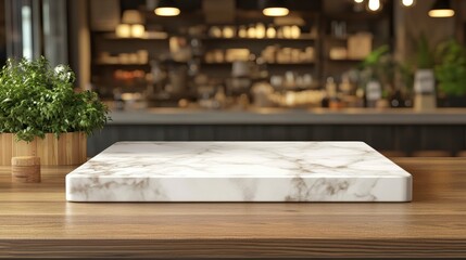 Poster - Marble display on wooden table in cafe.