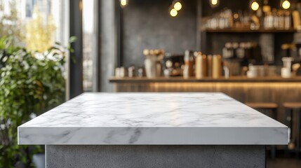 Poster - Empty marble table in modern cafe with blurred background.