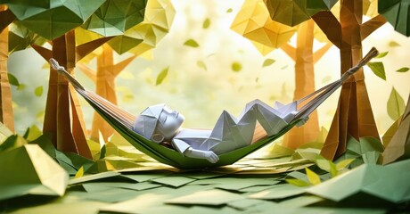 Poster - Paper figure rests within hammock. Forest backdrop creates serene, polygonal scene. Sunlight filters through trees, evoking calm.
