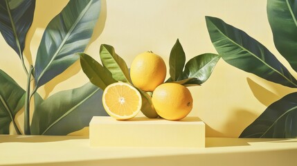 Poster - Three oranges with cut half, leaves, and sunlight on yellow background.