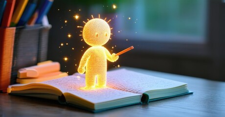 Aufkleber - Glowing figure emerges from open book. Sparks surround tiny teacher pointing with pencil. Desk holds supplies, window provides soft light.