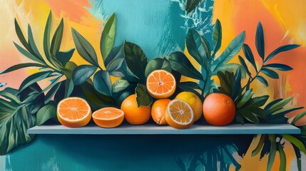 Aufkleber - Still life of oranges and tropical leaves on a shelf against a colorful background.
