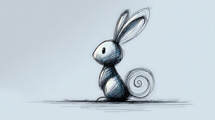 Poster - Minimal doodle of a rabbit sitting on the ground with spiral tail and abstract elements for creative illustration